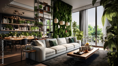 intérieur moderne, salon rempli de plantes vertes © Fox_Dsign