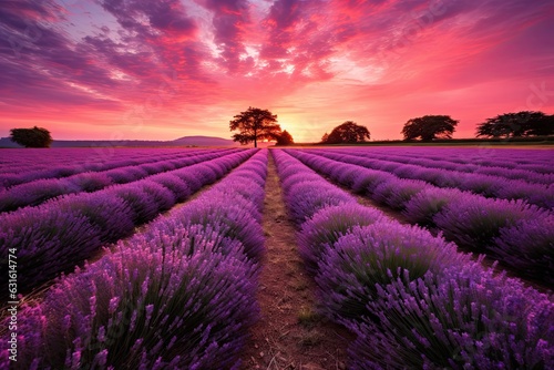 Peaceful Lavender Field at Sunset  Rows of Blooming Flowers in a Warm Purple Sky with a Gentle Breeze  generative AI