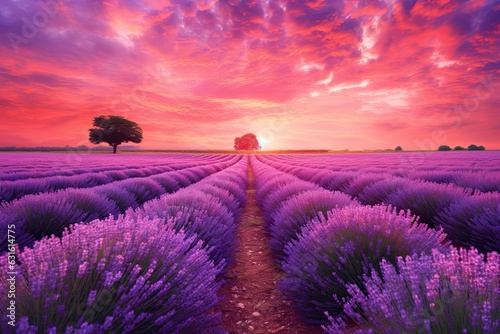 Sunset Serenity: Blooming Lavender Field with a Warm Purple Sky and Gentle Breeze, generative AI