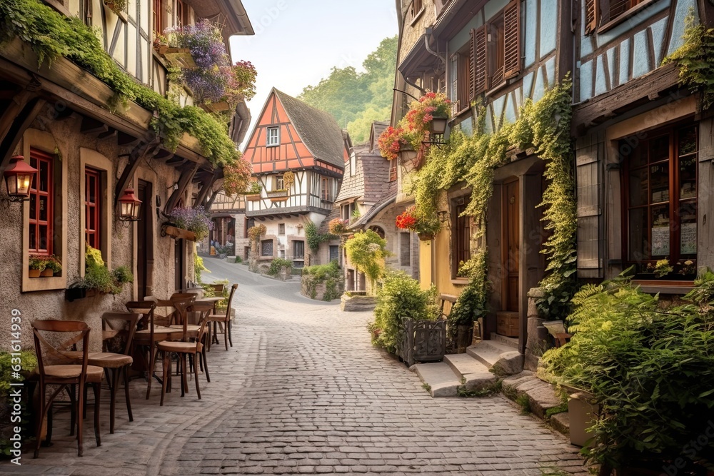 Charming European Village: Cobblestone Streets, Colorful Facades, and Cafes, generative AI