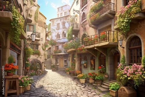 Exploring a Charming European Village: Cobblestone Streets, Charming Cafes, and Flower-Filled Balconies, generative AI © Michael
