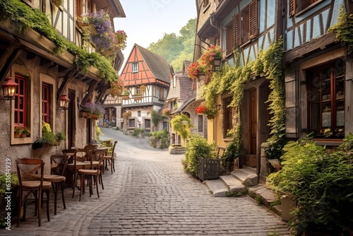 Charming European Village: Cobblestone Streets, Colorful Facades, and Cafes, generative AI © Michael