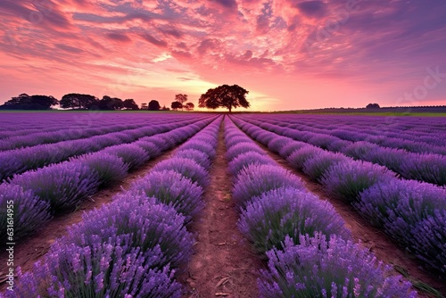 Tranquil Lavender Field at Sunset: Rows of Blooming Flowers against a Vibrant Purple Sky, generative AI