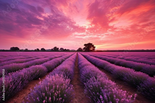 Tranquil Lavender Field: Captivating Rows of Blooming Flowers Against a Vibrant Purple Sunset Sky, generative AI