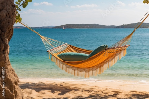Tranquil Oasis: Relaxing Beach Hammock in Turquoise Waters and Golden Sand, generative AI