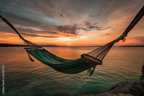 Turquoise Waters and a Picturesque Sunset: A Serene Beach Hammock Swaying in the Ocean Breeze, generative AI
