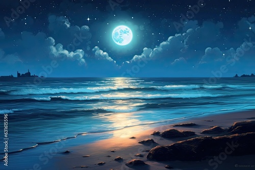 Shimmering Waves and Radiant Moon: Serene Moonlit Beach with a Blanket of Stars, generative AI
