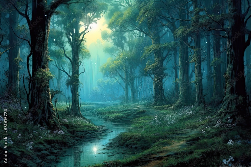Enchanting Moonlit Forest: Serene Beauty with Filtered Moonbeams, generative AI