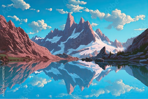 Serene Mountain Lake: Nestled Among Towering Peaks, Reflecting the Blue Sky, generative AI