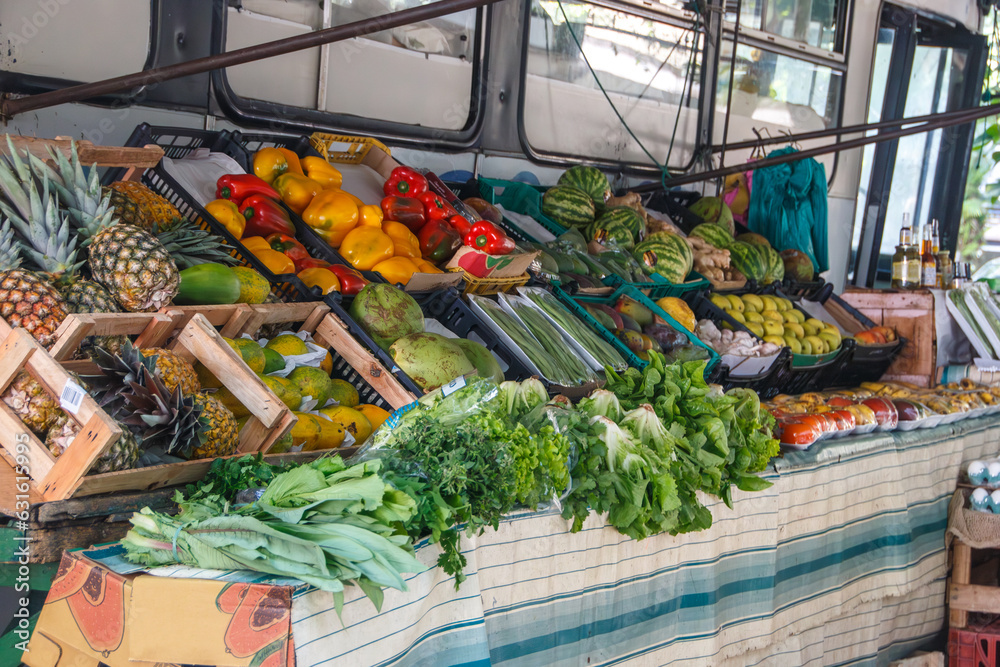 fruit and vegetable stand known as sacolao in rio de Janeiro.