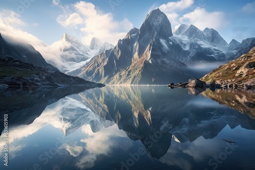 Serene Mountain Lake: Majestic Peaks and Mirror-like Reflections, generative AI