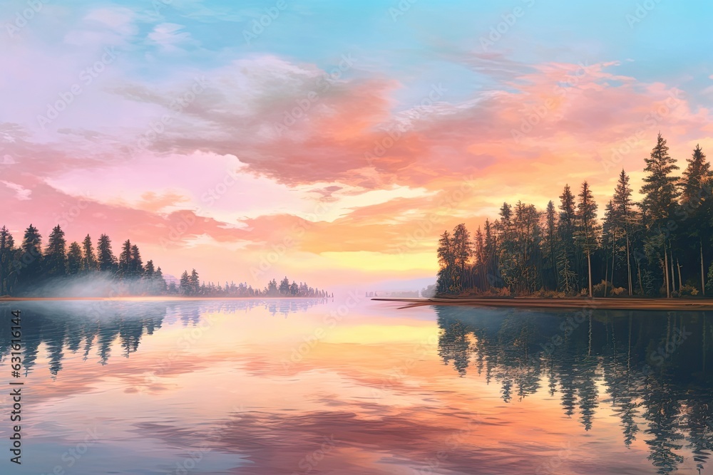 Pastel Serenity: Captivating Sunrise Over Calm Lake, generative AI