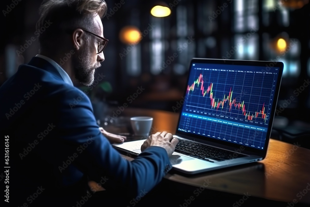 Analyst studying financial data, growth chart on laptop. Planning business strategy, assessing exchange trading, financial report, investment. Analyst studying financial data, growth chart on laptop. Planning business strategy, assessing exchange trading, financial report, investment.