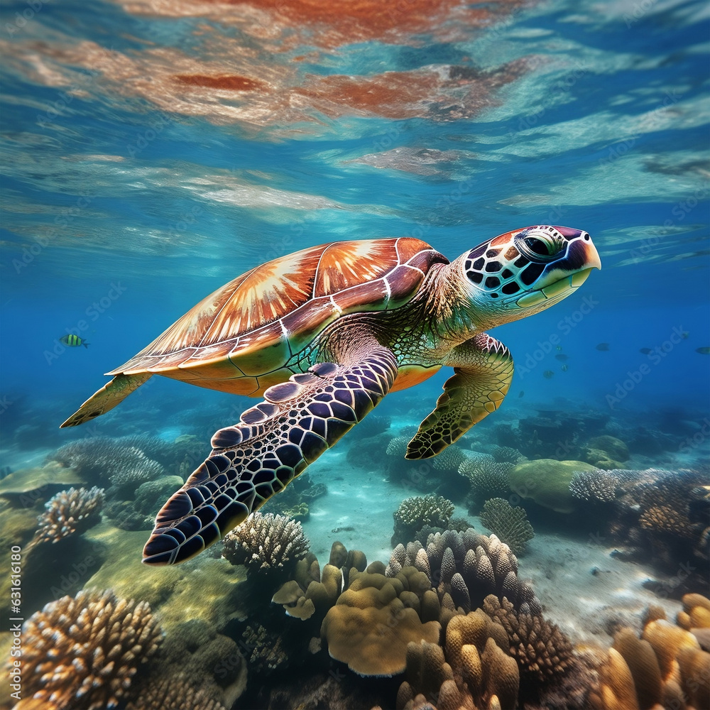 turtles swimming gracefully on the beach with coral reefs. AI Generated Image