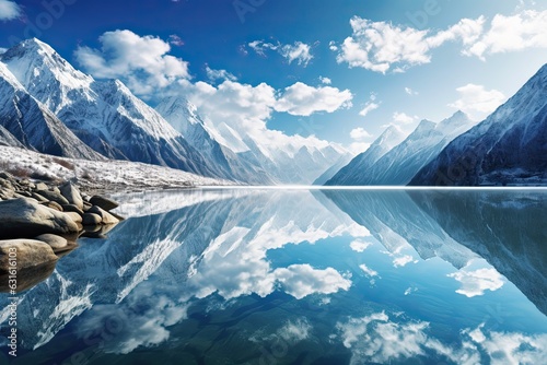 Snow-capped Peaks and Serene Mountain Lake: A Majestic Reflection of the Clear Blue Sky, generative AI © Michael