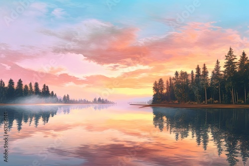 Pastel Serenity: Captivating Sunrise Over Calm Lake, generative AI