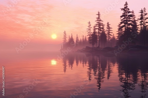 Tranquil Ambiance: Pastel Hues and Misty Waters Embrace a Serene Sunrise over a Calm Lake, generative AI