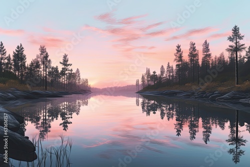 Pastel Serenity: Captivating Sunrise Over a Calm Lake, generative AI © Michael