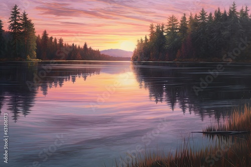 Pastel Serenity: Captivating Sunrise over a Calm Lake, generative AI