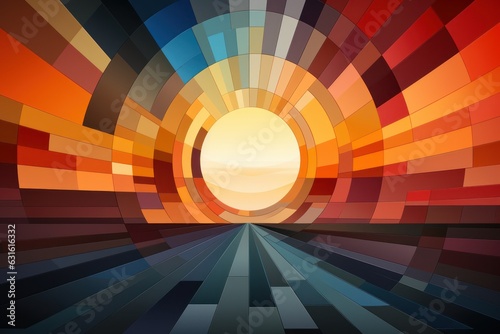 Abstract modern digital art of sunrise made with colorful geometric shapes.