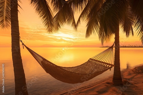 Sunrise Beach Hammock: Tranquil Tropical Oasis with Swaying Palms and Gentle Ocean Breeze, generative AI © Michael
