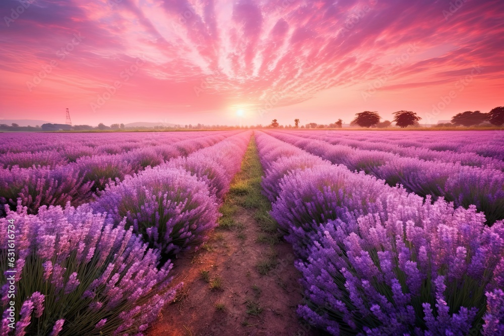 Obraz premium Tranquil Sunrise: A Majestic Lavender Field Delights with Fragrant Purple Rows, generative AI