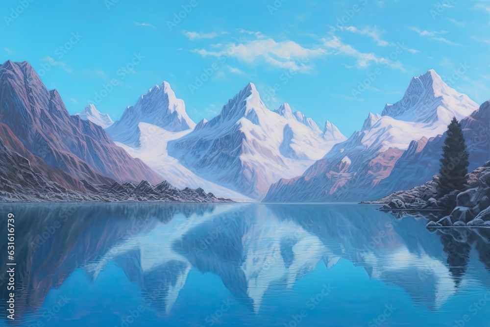 Majestic Peaks Embrace Tranquil Mountain Lake with Clear Blue Skies, generative AI