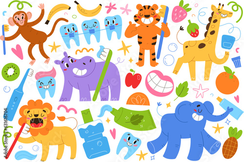 Animals brush teeth with toothpaste, dental care illustrations for children, floss, mouthwash and fruit tooth paste, oral care stickers, cute lion, giraffe and elephant, orthodontic braces, vector art