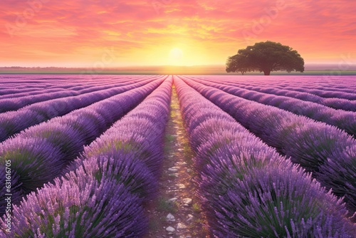 Sun-kissed Tranquility: A Lavender Oasis at Sunrise, generative AI