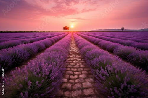 Sunrise Serenity: Rows of Fragrant Purple Lavender Flowers in Tranquil Field, generative AI