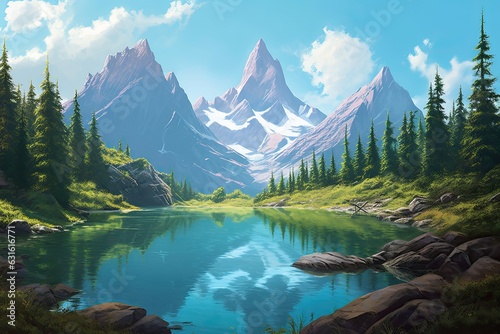 Untouched Serenity: Tranquil Mountain Lake Amidst Lush Greenery and Towering Peaks beneath a Clear Blue Sky, generative AI