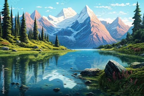 Tranquil Mountain Lake: A Serene Retreat amidst Lush Greenery, Towering Peaks, and a Clear Blue Sky, generative AI