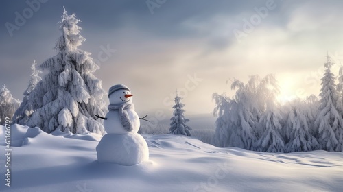 A snowman in a hat and scarf standing in a beautiful landscape with a snow-covered forest