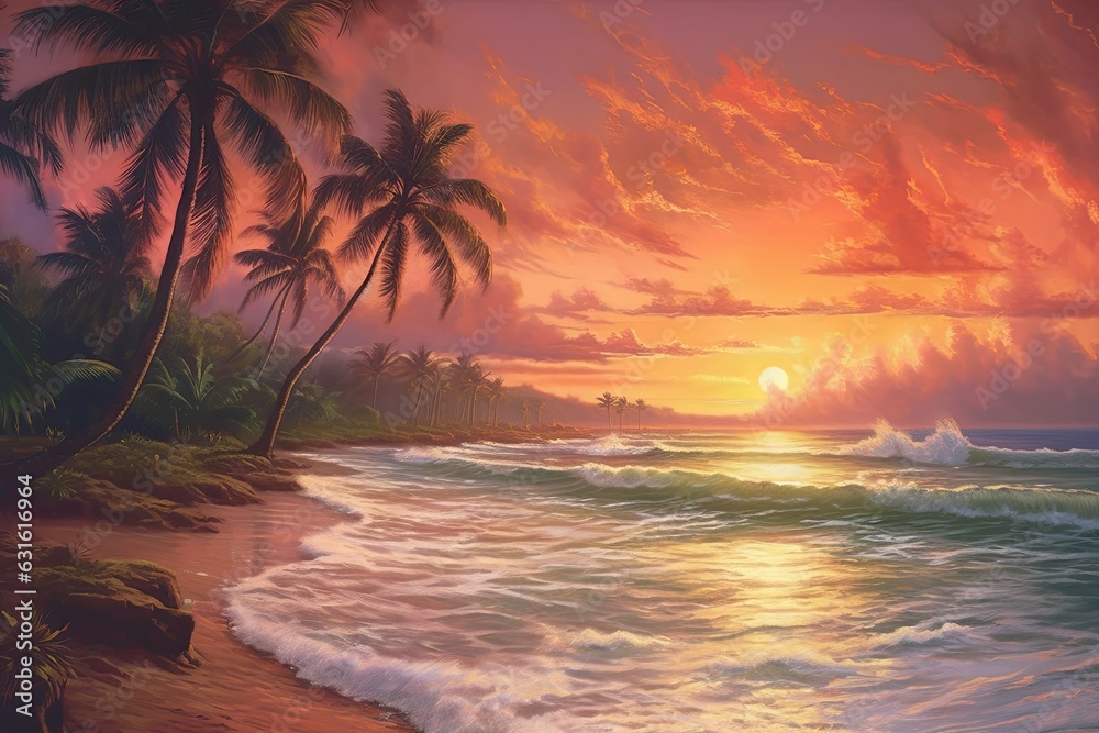 Golden Sunset: A Serene Tropical Beach Retreat with Swaying Palm Trees and Gentle Waves, generative AI