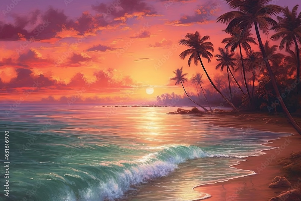Golden Sunset Paradise: A Gentle Tropical Beach With Swaying Palm Trees and Gentle Waves, generative AI