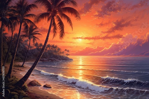 Golden Sunset: A Serene Tropical Beach with Swaying Palm Trees and Gentle Waves, generative AI