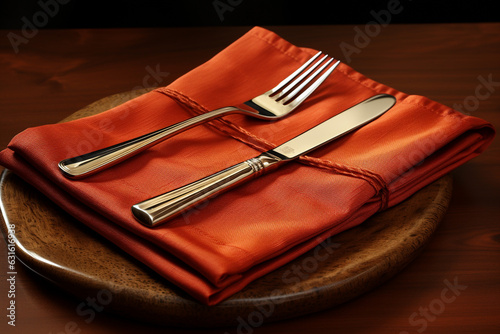 plate knife and fork on napkin cloth Generative ai