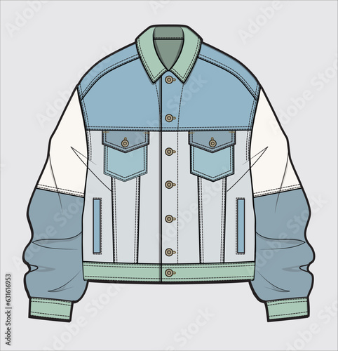 CUT AND SEW PANELLED TONAL COLOR BLOCK DENIM JACKET  DESIGNED FOR WOMEN AND TEEN GIRLS IN VECTOR ILLUSTRATION