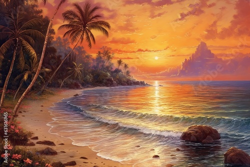 Golden Hues and Gentle Waves: A Tropical Beach at Sunset, generative AI