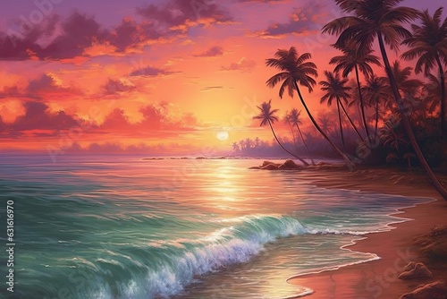 Golden Sunset Paradise: A Gentle Tropical Beach With Swaying Palm Trees and Gentle Waves, generative AI © Michael