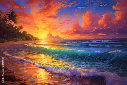 Sunset Paradise: Mesmerizing Tropical Beach with Warm Hues and Gentle Waves, generative AI © Michael