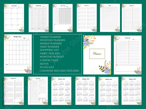 Flowers planner pages templates:daily planner, weekly planner,monthly planner, yearly planner,to do list,habit tracker,contact list, shopping list,notes, monthly budget,calendar 2023/2024/2025/2026