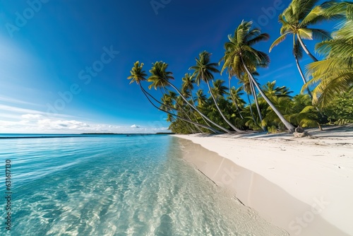 Turquoise Waters and White Sand: Discovering the Serenity of a Tropical Paradise Beach with Palm Trees Swaying in the Gentle Breeze, generative AI