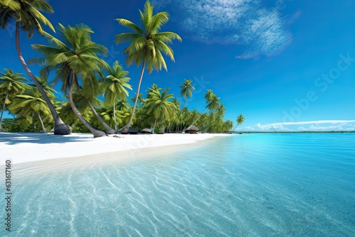 Exotic Bliss: Unveiling a Tropical Paradise Beach with Palm Trees, Turquoise Waters, and Soft White Sand, generative AI