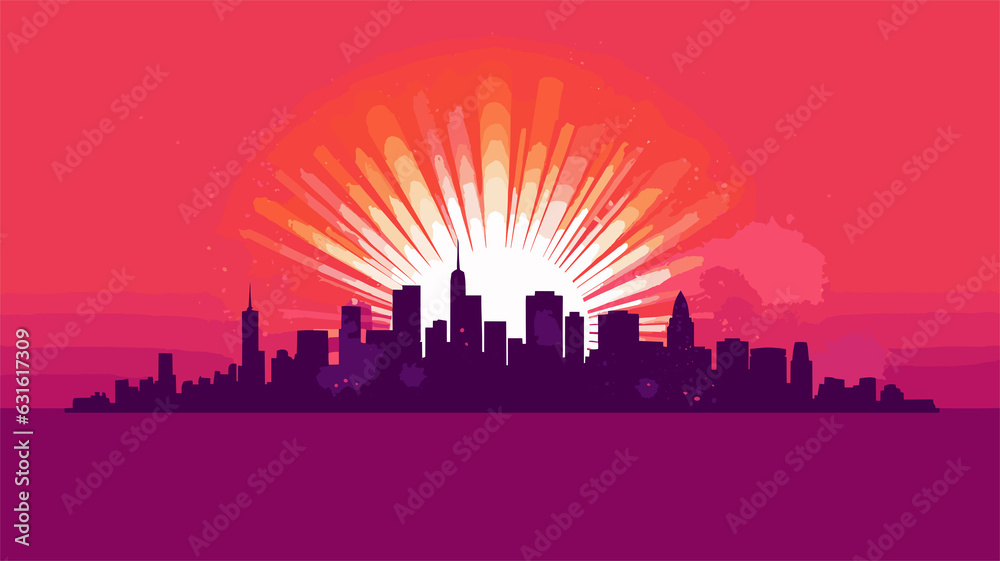 sunburst behind a city skyline silhouette