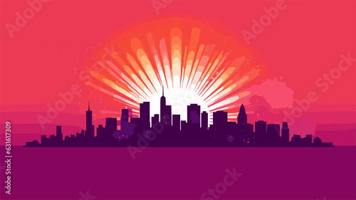 sunburst behind a city skyline silhouette
