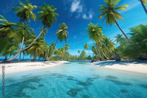 Turquoise Waters, White Sandy Beaches: Exploring the Enchanting Tropical Paradise Island with Palm Trees, generative AI