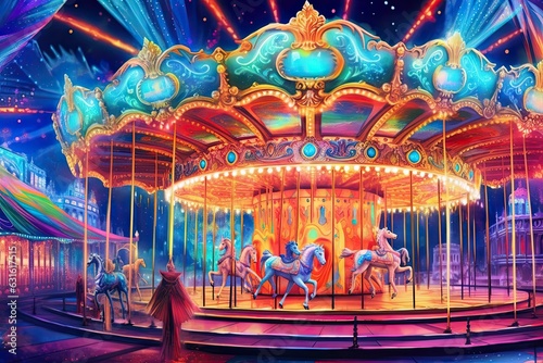 Colorful Lights and Ornate Decorations: Immerse in the Vibrance of a Joyful Carnival Carousel!, generative AI