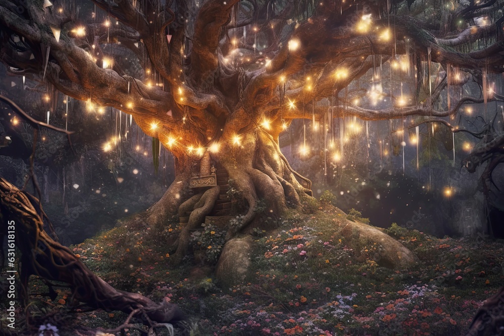 Enchanting Forest Wonderland: Sparkling Fairy Lights, Magical Creatures, and Ancient Trees, generative AI
