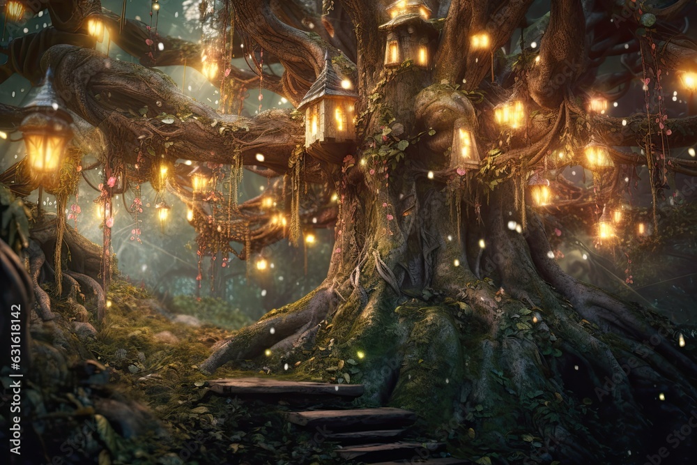 Obraz premium Enchanting Fairytale Forest: Sparkling Fairy Lights, Magical Creatures & Ancient Trees, generative AI